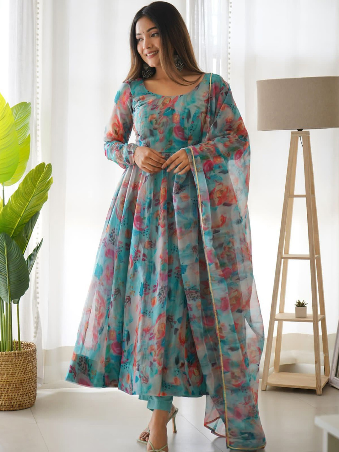 

TEREZA Floral Printed Anarkali Kurta With Trousers & Dupatta, Turquoise blue