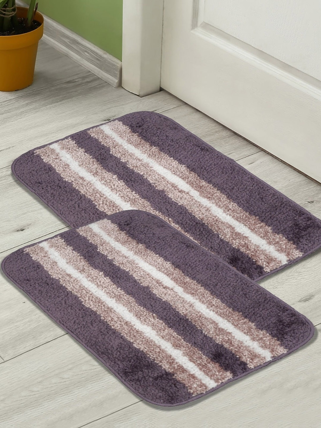 

HOMETALES Blue & Beige 2 Pieces Striped Microfiber 300 GSM Anti-Skid Bath Rugs