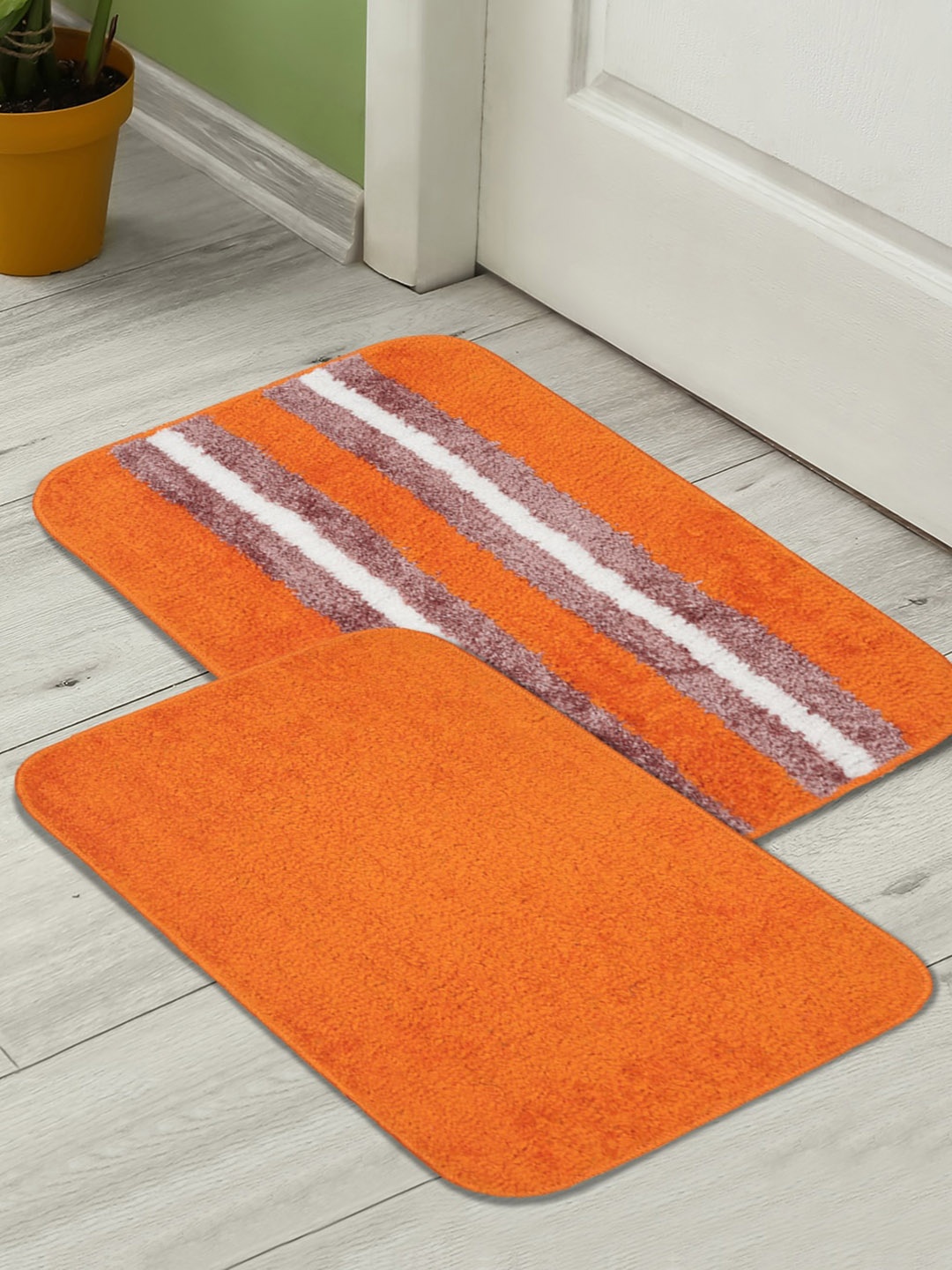 

HOMETALES Orange 2 Pieces Striped Microfiber 300 GSM Microfiber Anti-Skid Bath Rugs
