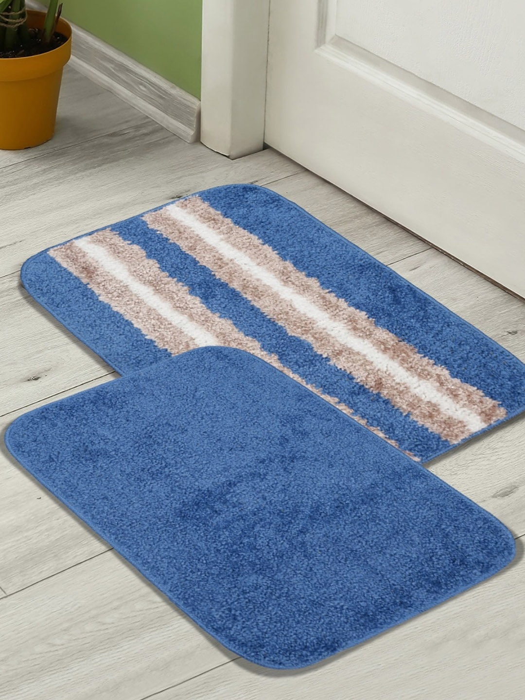 

HOMETALES Blue & Beige 2 Pieces Striped Microfiber 300 GSM Anti-Skid Bath Rugs