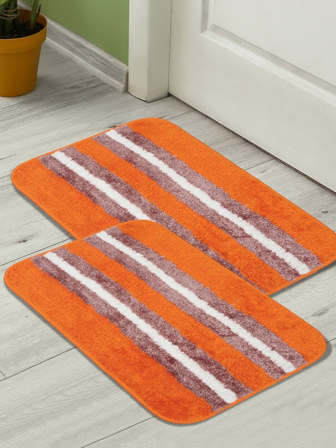 

HOMETALES Orange 2 Pieces Striped Microfiber 300 GSM Anti-Skid Bath Rugs