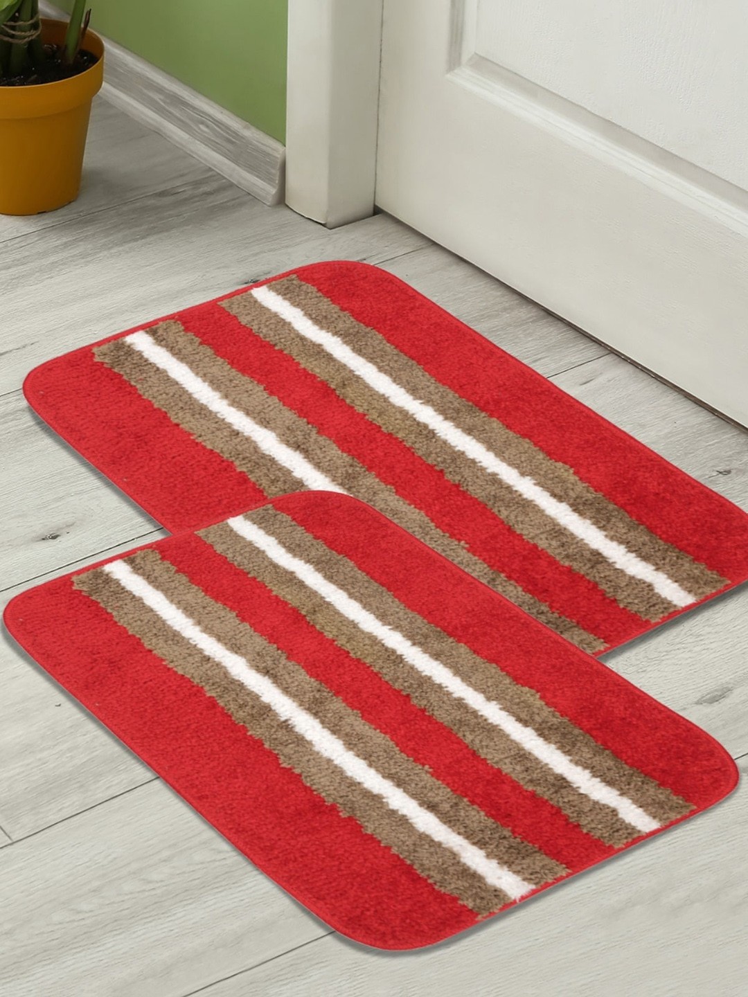

HOMETALES Red & Brown 2 Pieces Striped 300 GSM Anti-Skid Bath Rugs