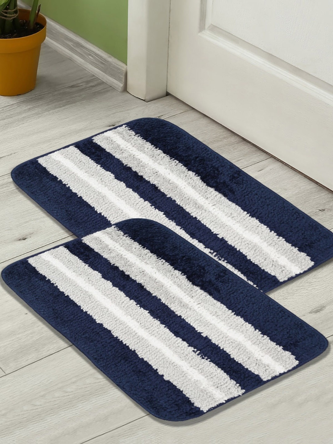 

HOMETALES Navy Blue & Grey 2 Pieces Striped 300 GSM Anti-Skid Bath Rugs