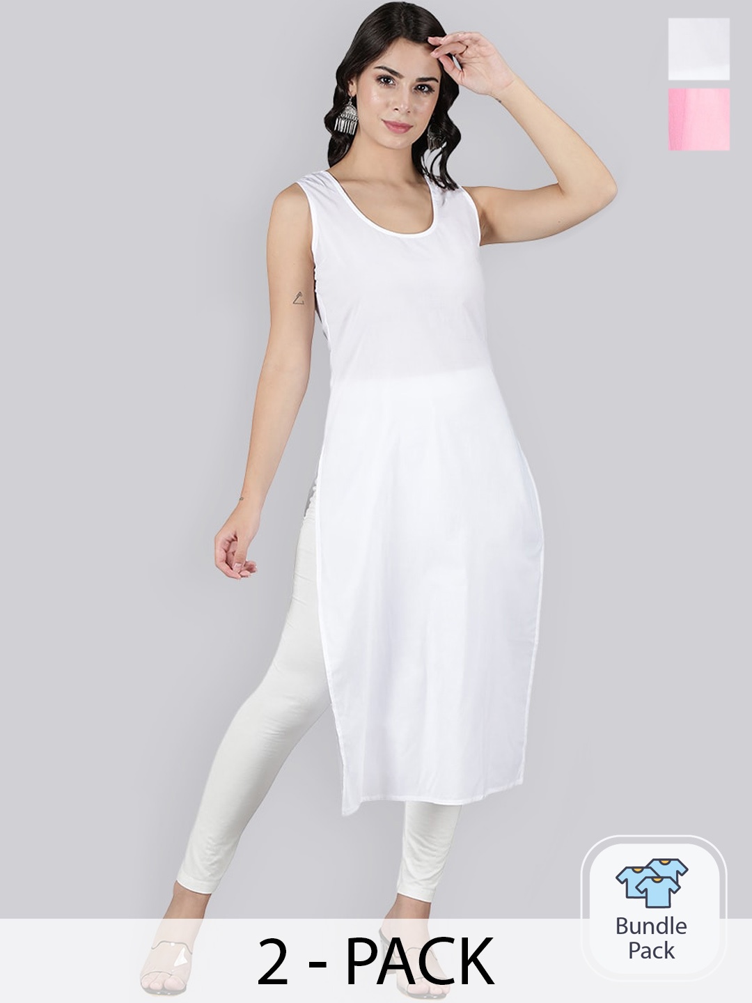 

Seva Chikan Pack Of 2 Cotton Long Slips, White