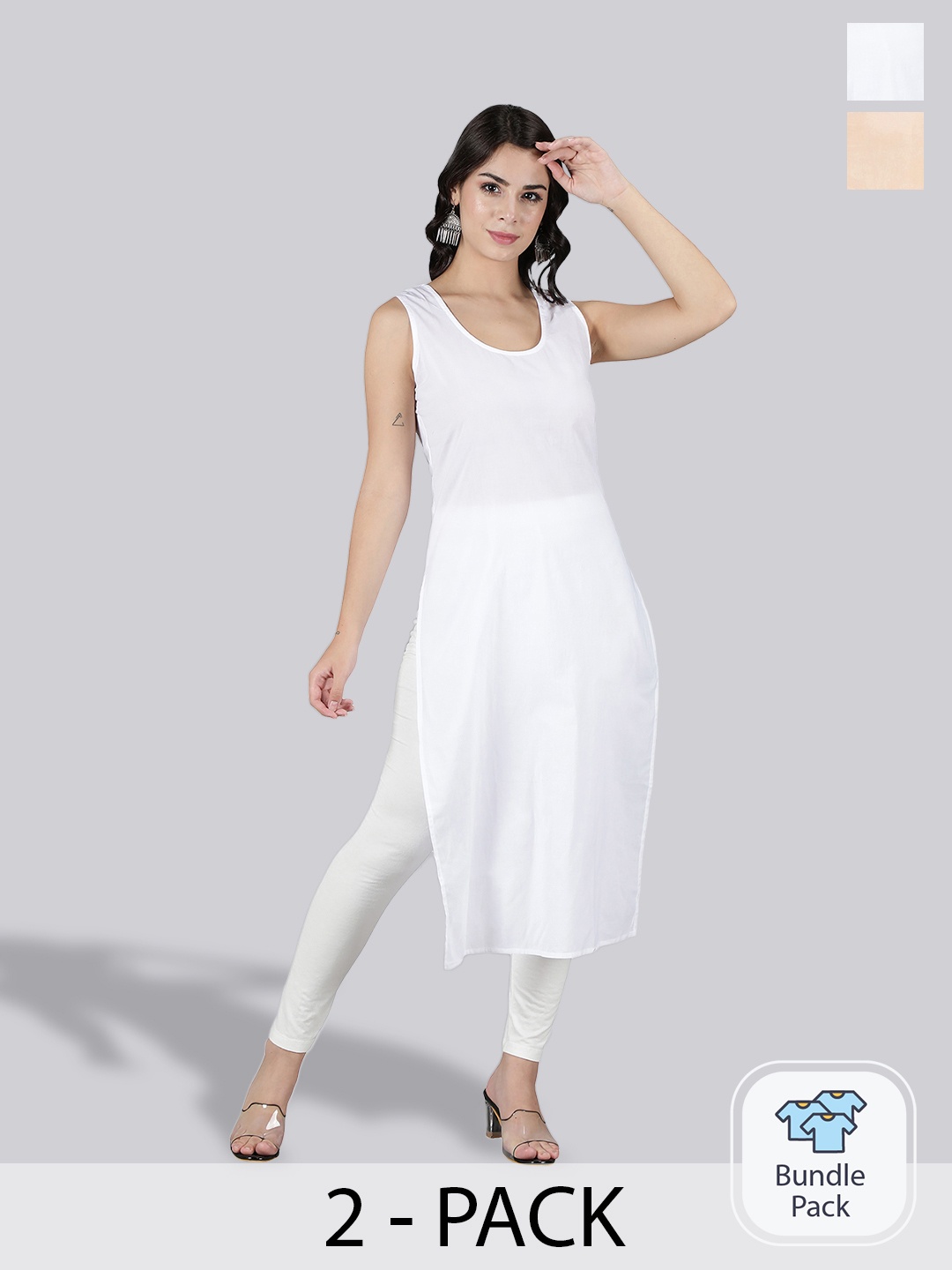 

Seva Chikan Pack Of 2 Cotton Long Slips, White