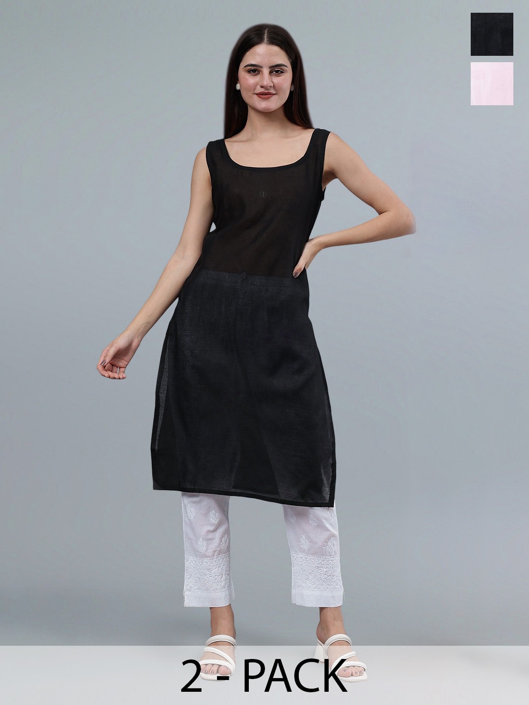 

Seva Chikan Pack Of 2 Cotton Long Slips, Black