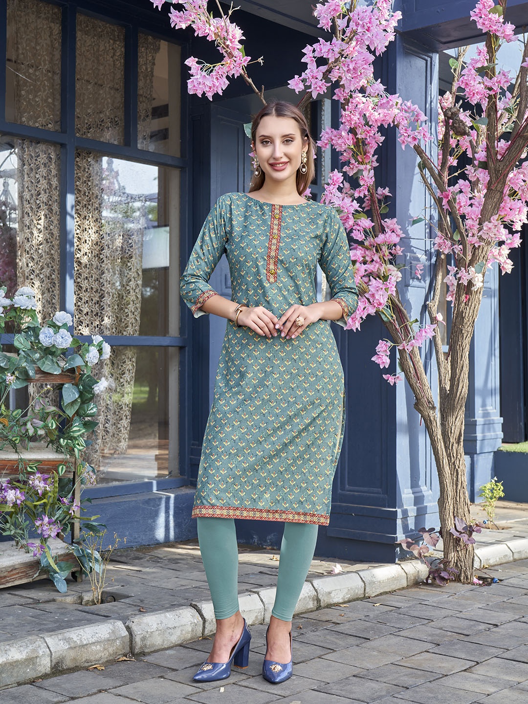 

Anouk Sea Green & Yellow Floral Printed Regular Kurta