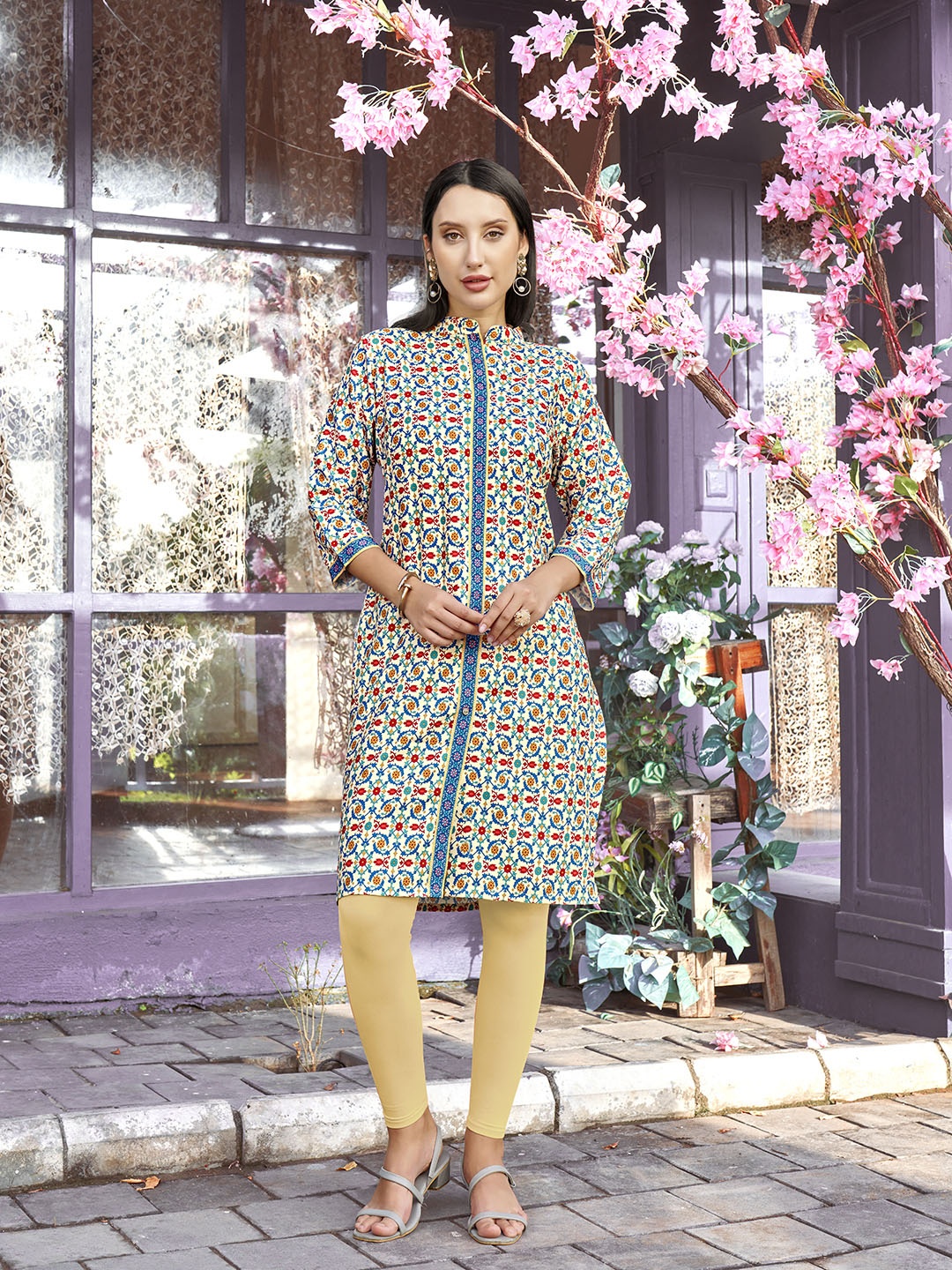 

Anouk Beige Ethnic Motifs Printed Mandarin Collar Straight Kurta