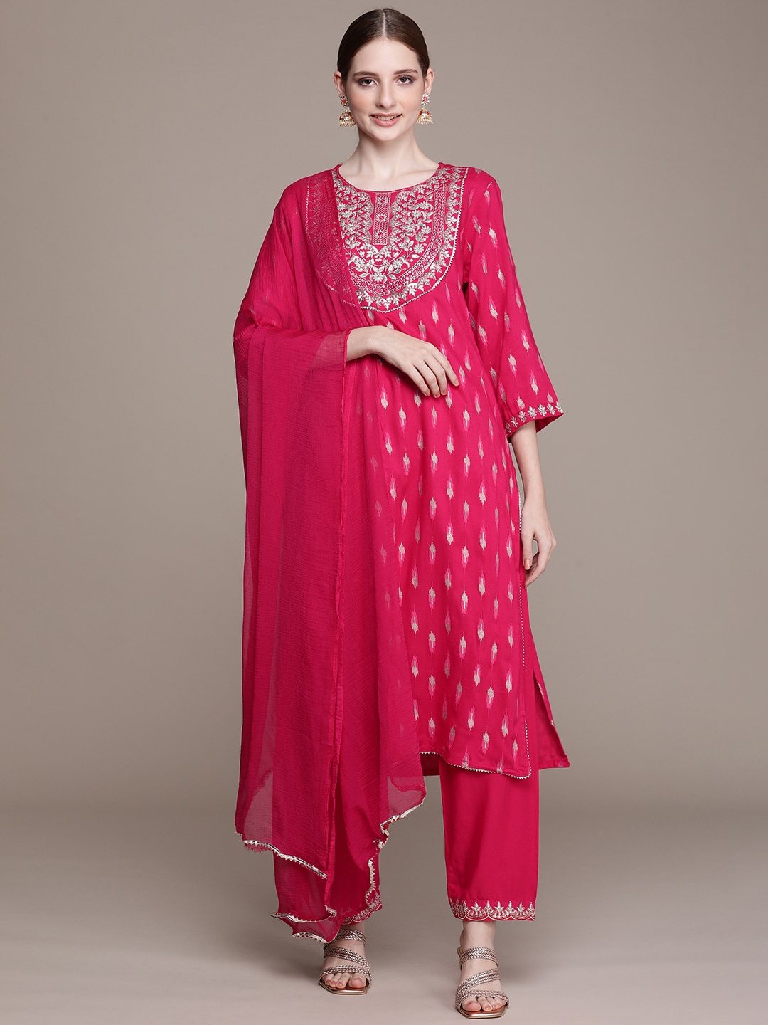 

Anouk Ethnic Motifs Printed Regular Kurta with Trousers & With Dupatta, Pink
