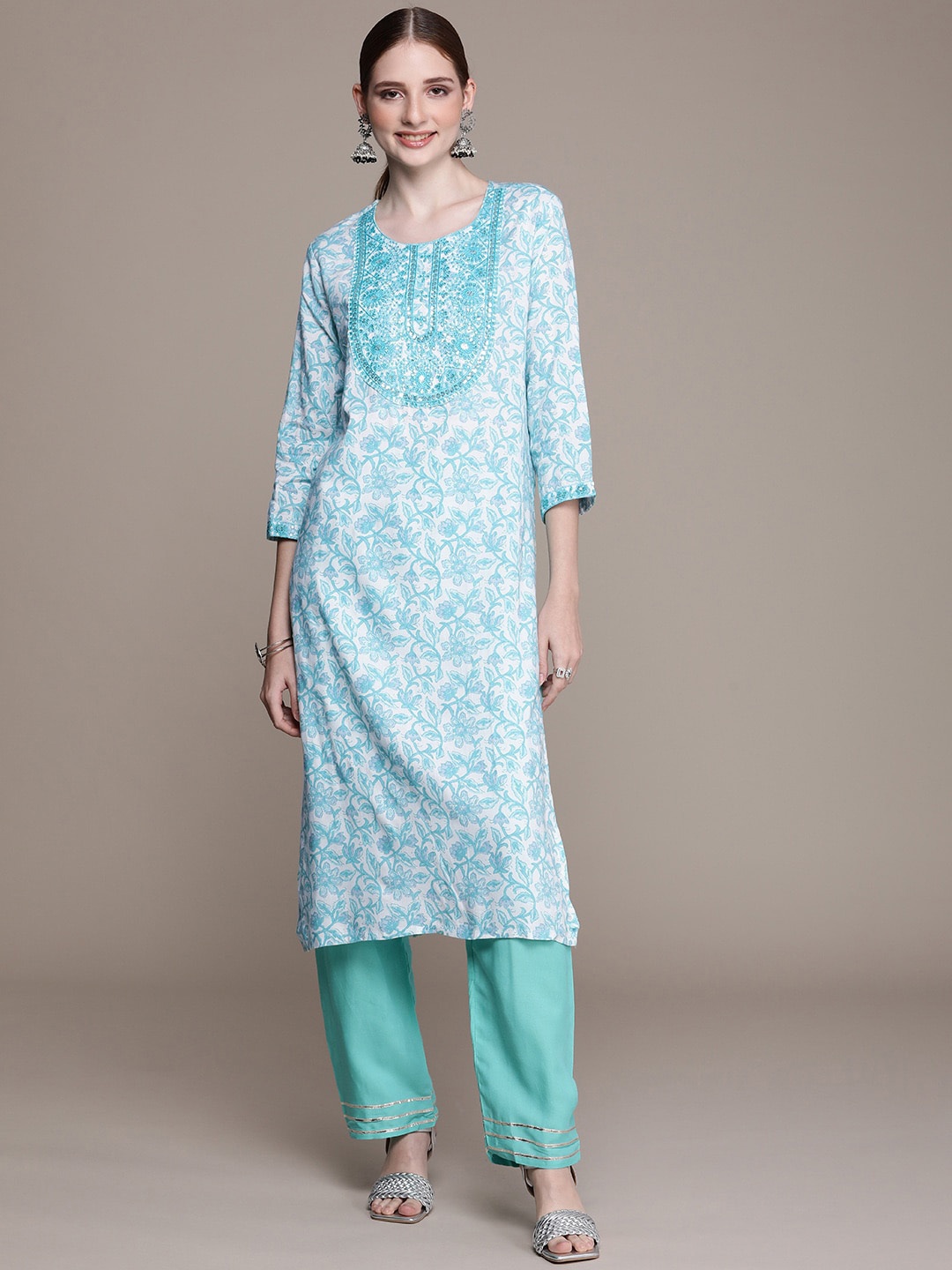 

Anouk Floral Printed Thread Work Kurta with Trousers, Blue