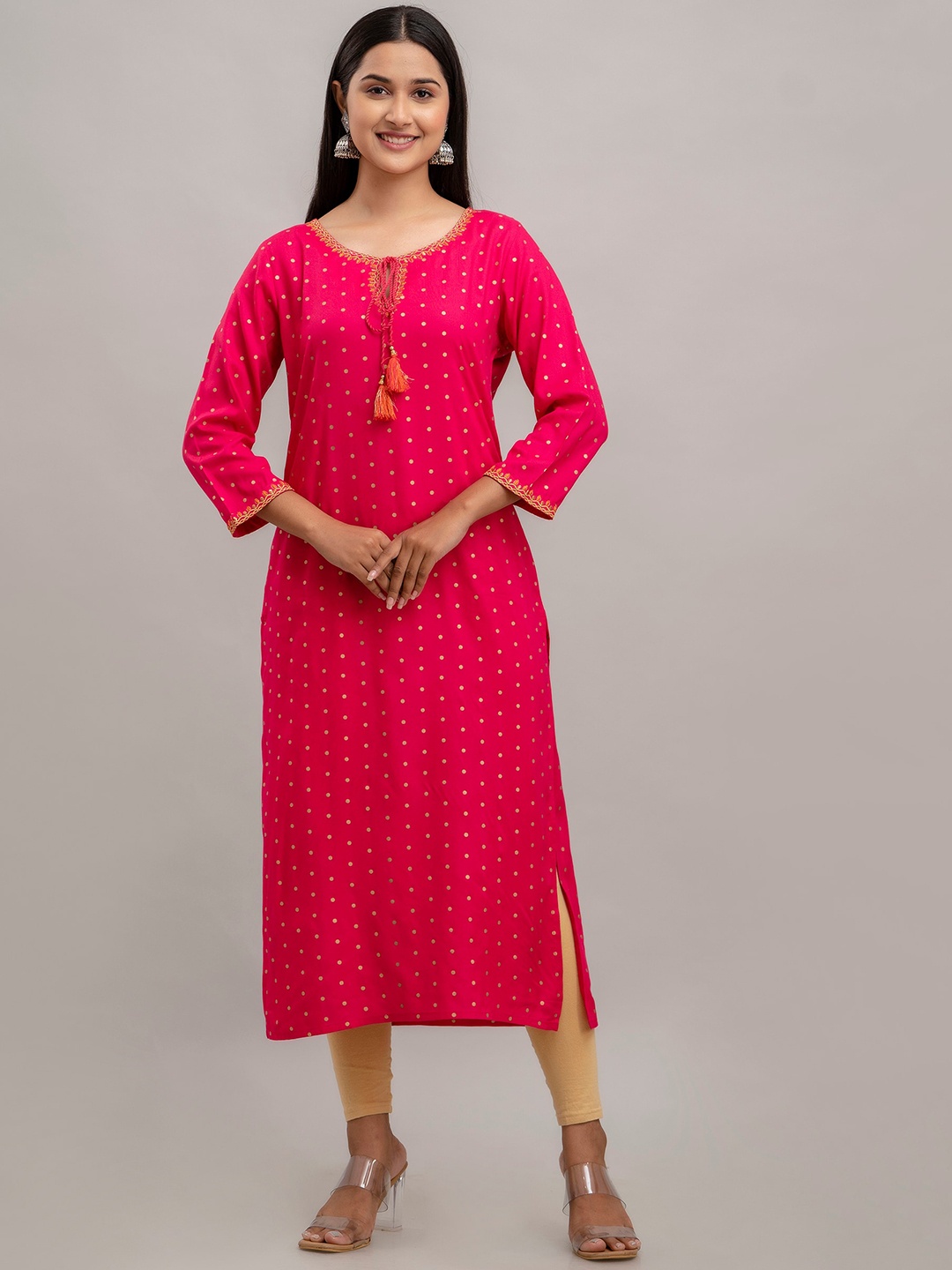 

Charu Polka Dots Printed Thread Work Tie-Up Neck Straight Kurta, Pink