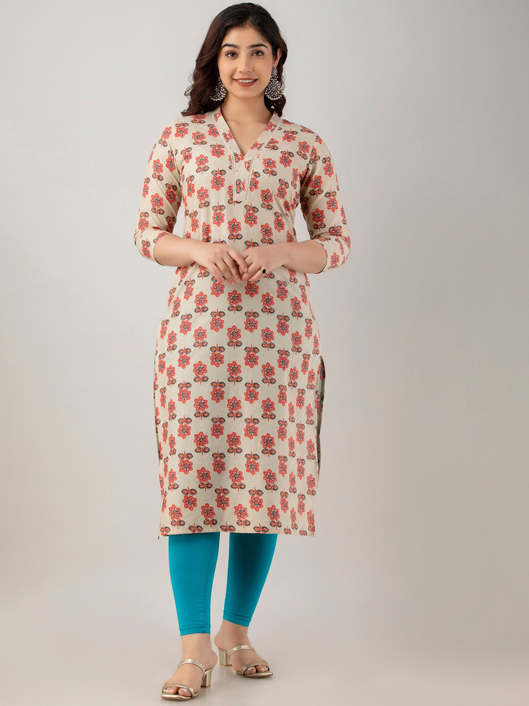 

Charu Floral Printed V-Neck Cotton Straight Kurta, Beige