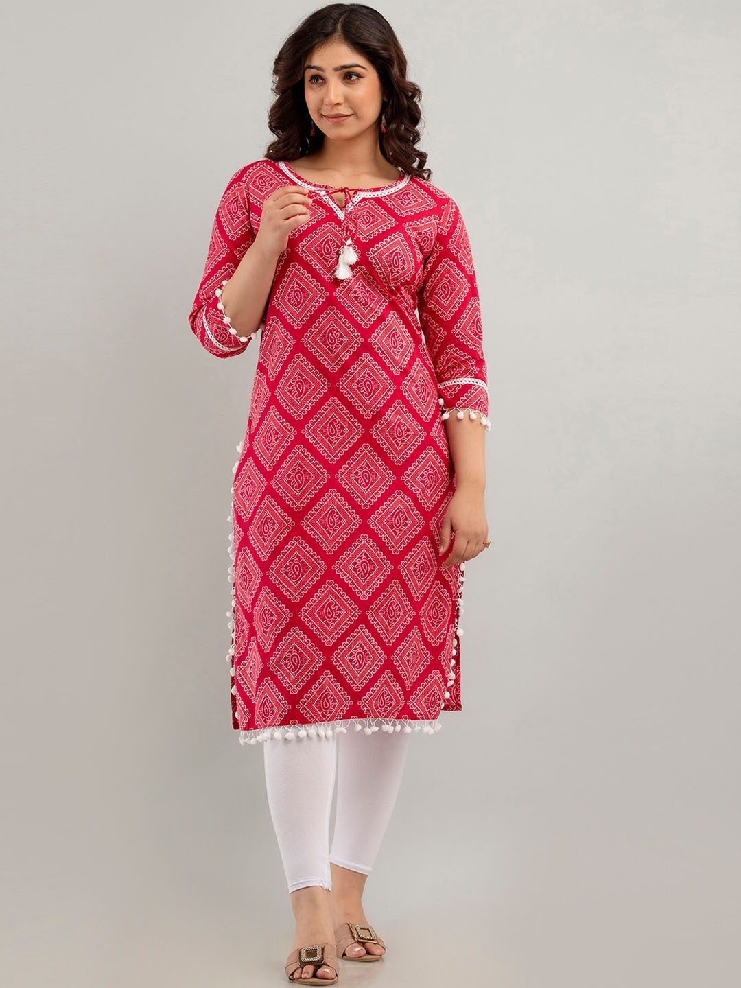 

Charu Bandhani Printed Tie-Up Neck Cotton Straight Kurta, Pink