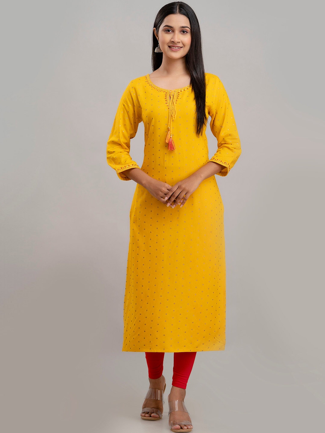

Charu Polka Dots Printed Thread Work Tie-Up Neck Straight Kurta, Mustard