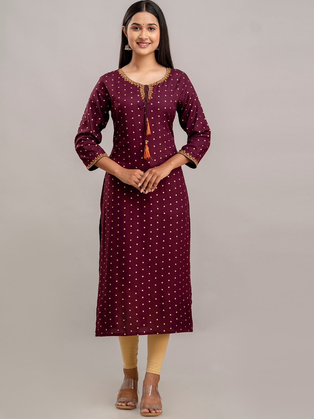 

Charu Polka Dots Printed Thread Work Tie-Up Neck Straight Kurta, Violet