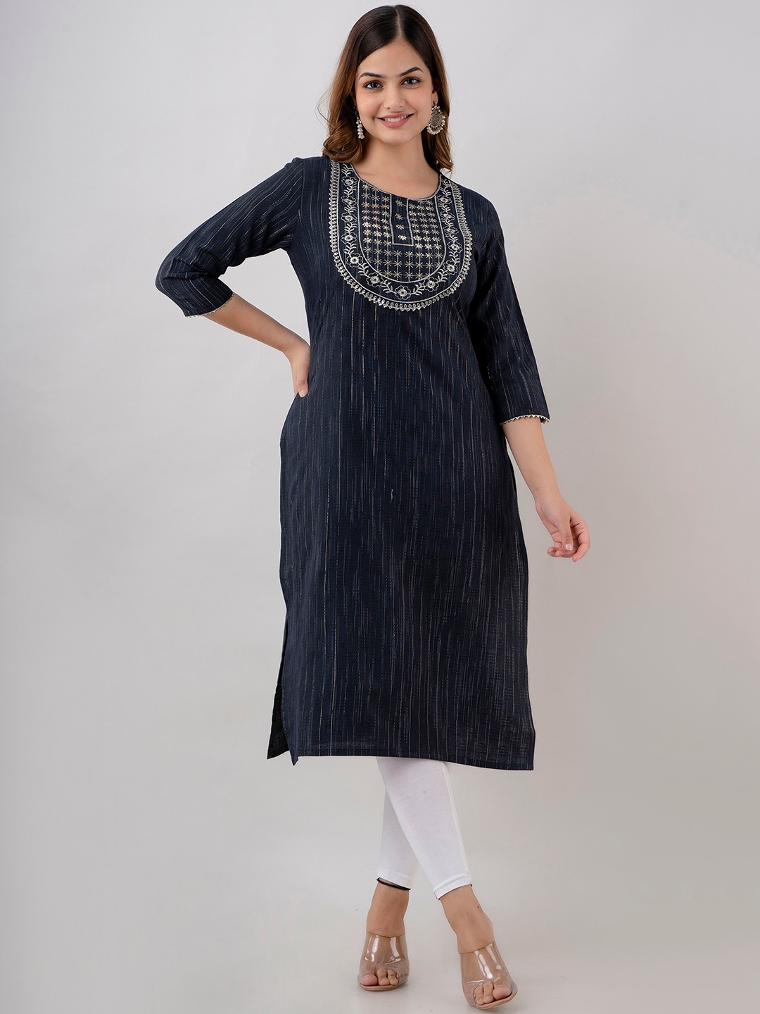 

Charu Floral Yoke Design Sequinned Cotton Silk Straight Kurta, Blue