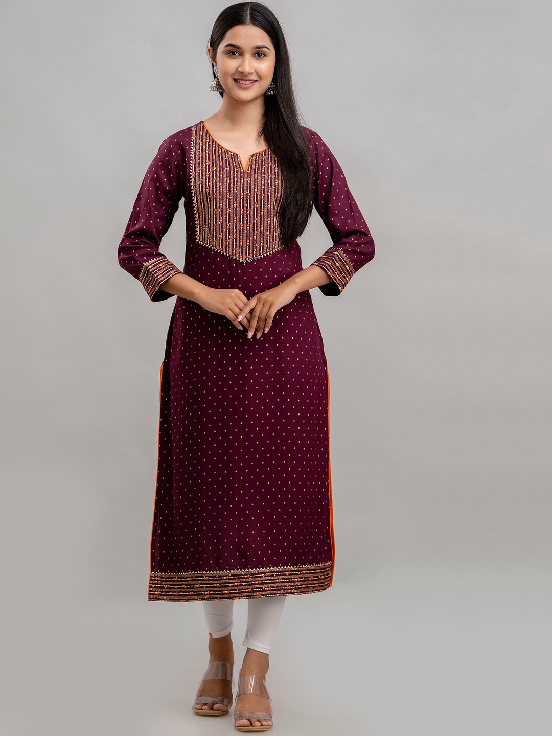 

Charu Striped Yoke Design Round Notched Neck Thread Work Straight Kurta, Violet