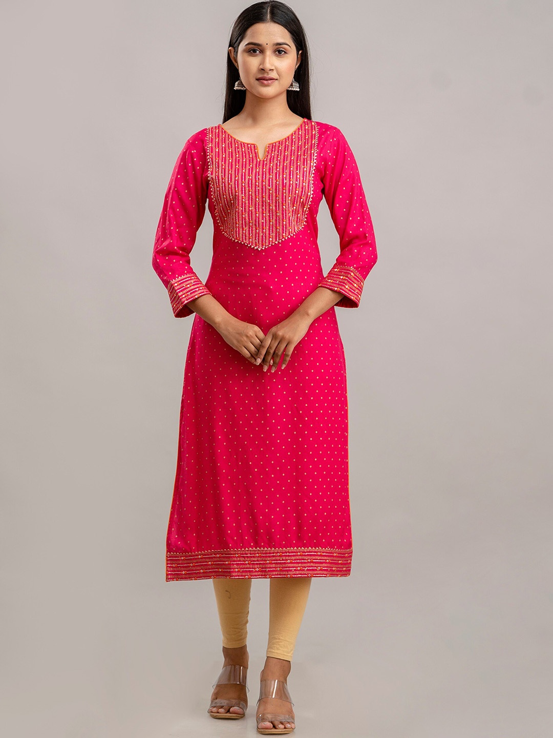 

Charu Striped Yoke Design Round Notched Neck Thread Work Straight Kurta, Pink