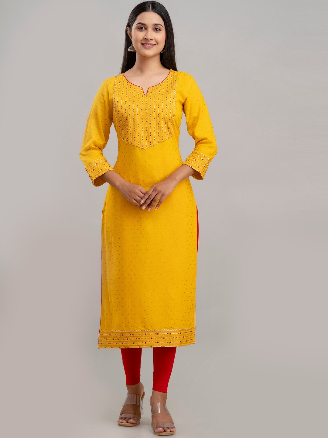 

Charu Striped Yoke Design Round Notched Neck Thread Work Straight Kurta, Mustard