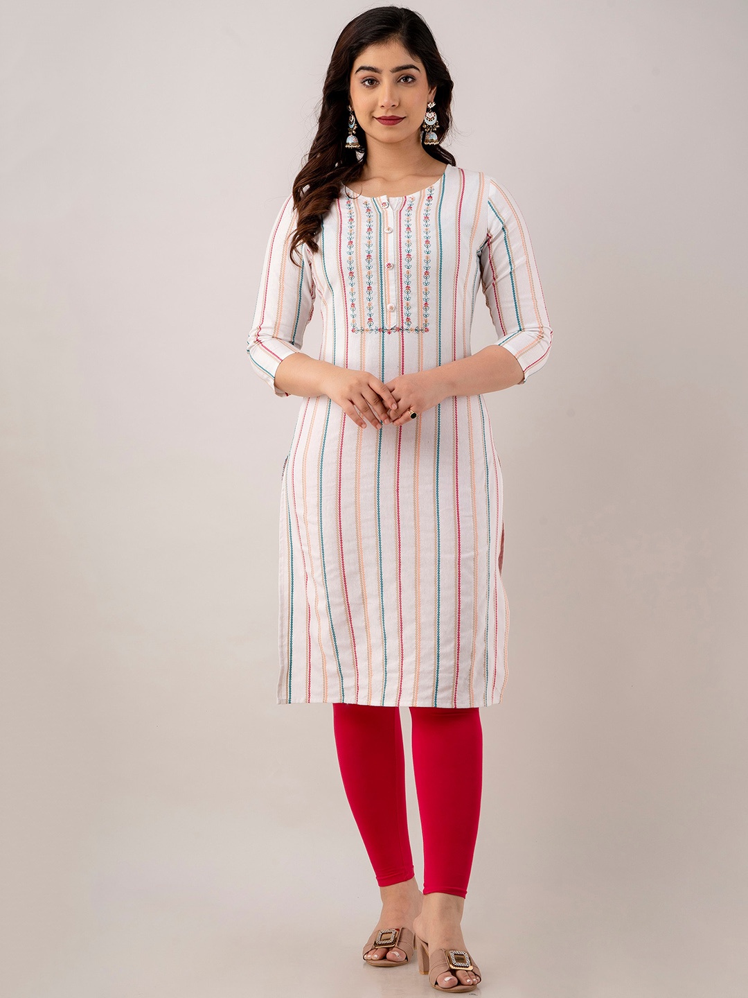 

Charu Striped Thread Work Cotton Silk Straight Kurta, White