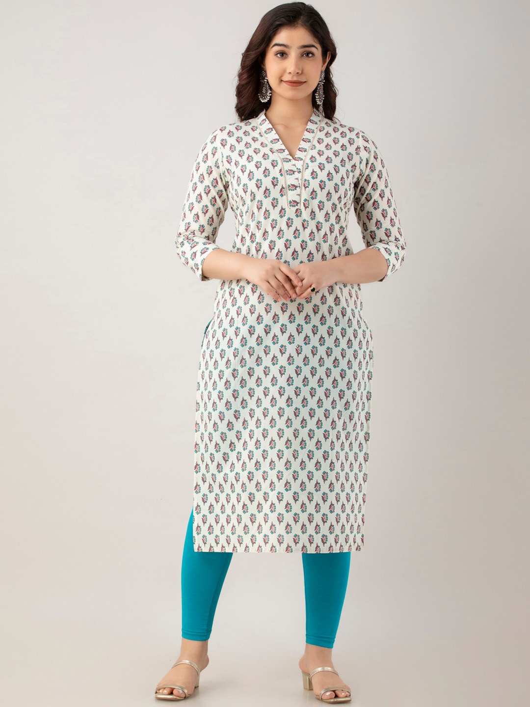 

Charu Floral Printed V-Neck Three-Quarter Sleeve Straight Cotton Kurta, White