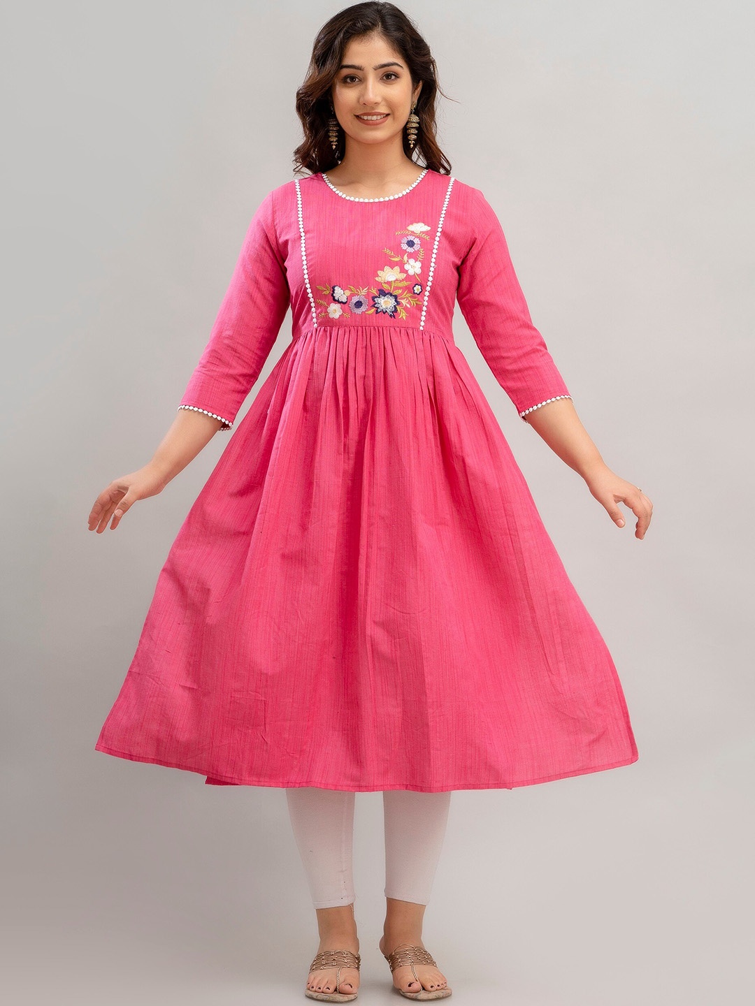 

Charu Floral Embroidered Round Neck A-Line Pleated Cotton Silk Kurta, Pink