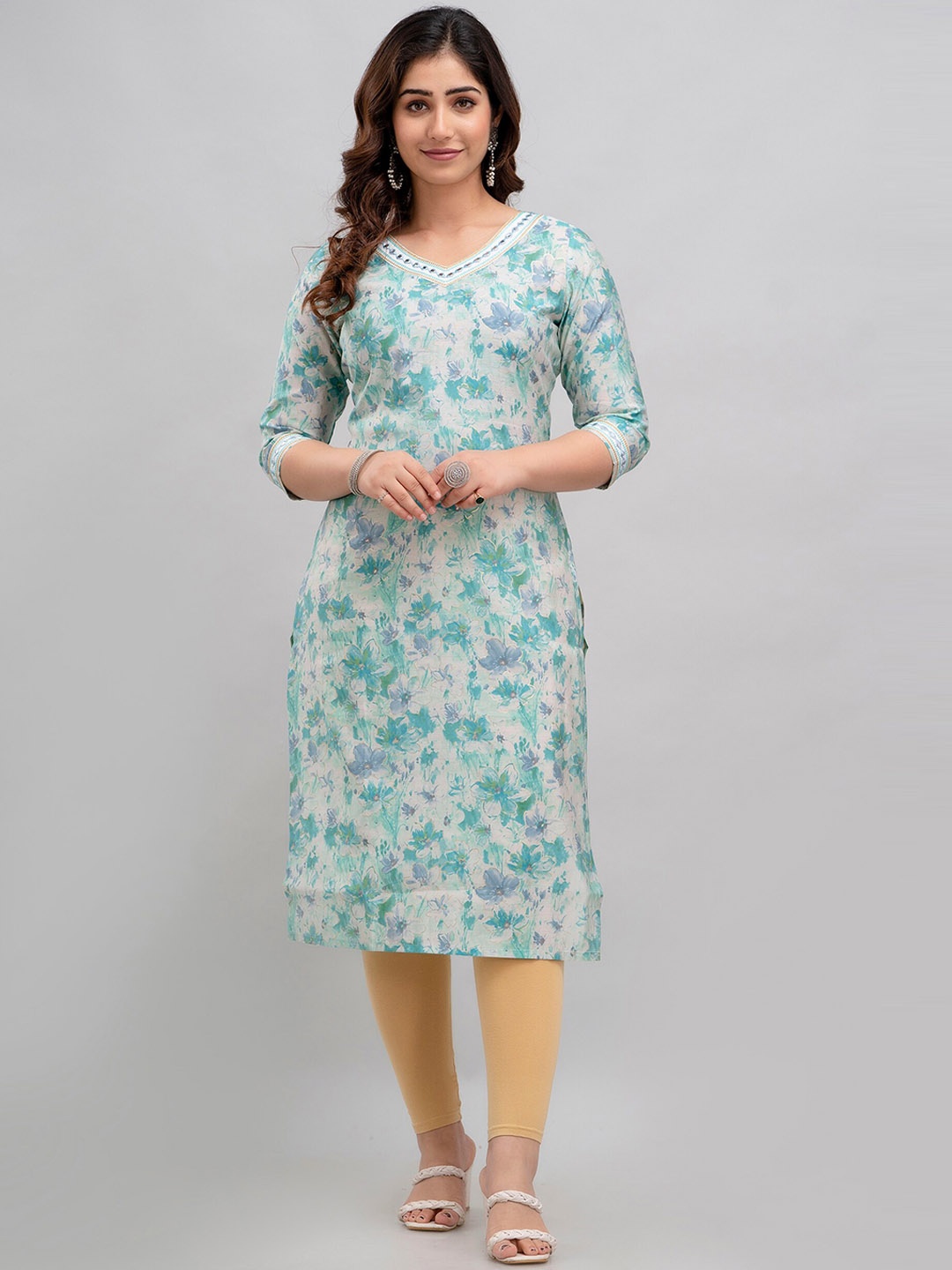 

Charu Floral Printed V-Neck Straight Mirror Work Modal Kurta, Sea green
