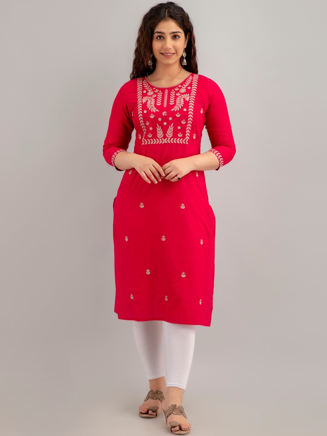 

Charu Embroidered Round Neck Three-Quarter Sleeve Straight Cotton Kurta, Pink
