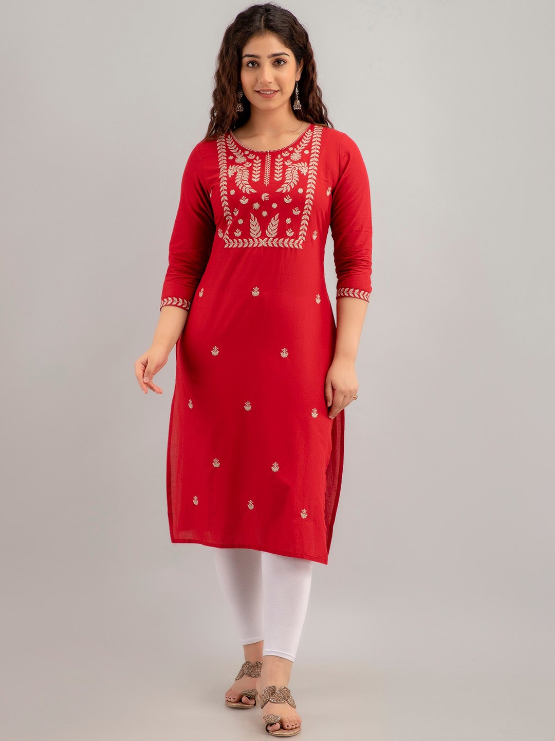 

Charu Embroidered Round Neck Three-Quarter Sleeve Straight Cotton Kurta, Red