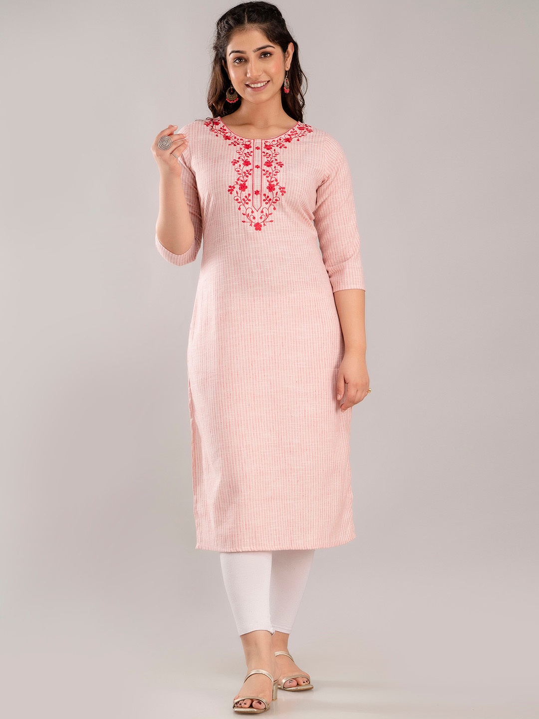 

Charu Embroidered Round Neck Three-Quarter Sleeve Straight Cotton Silk Kurta, Pink