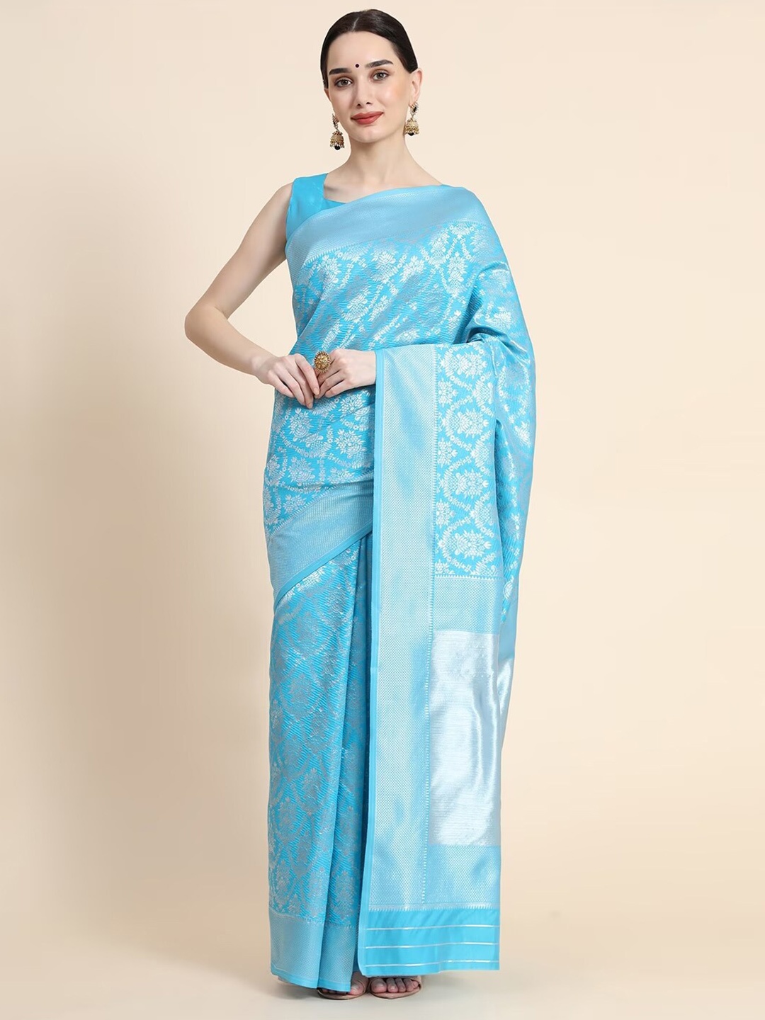 

SHIJILA Ethnic Motifs Woven Design Zari Pure Silk Kanjeevaram Saree, Blue