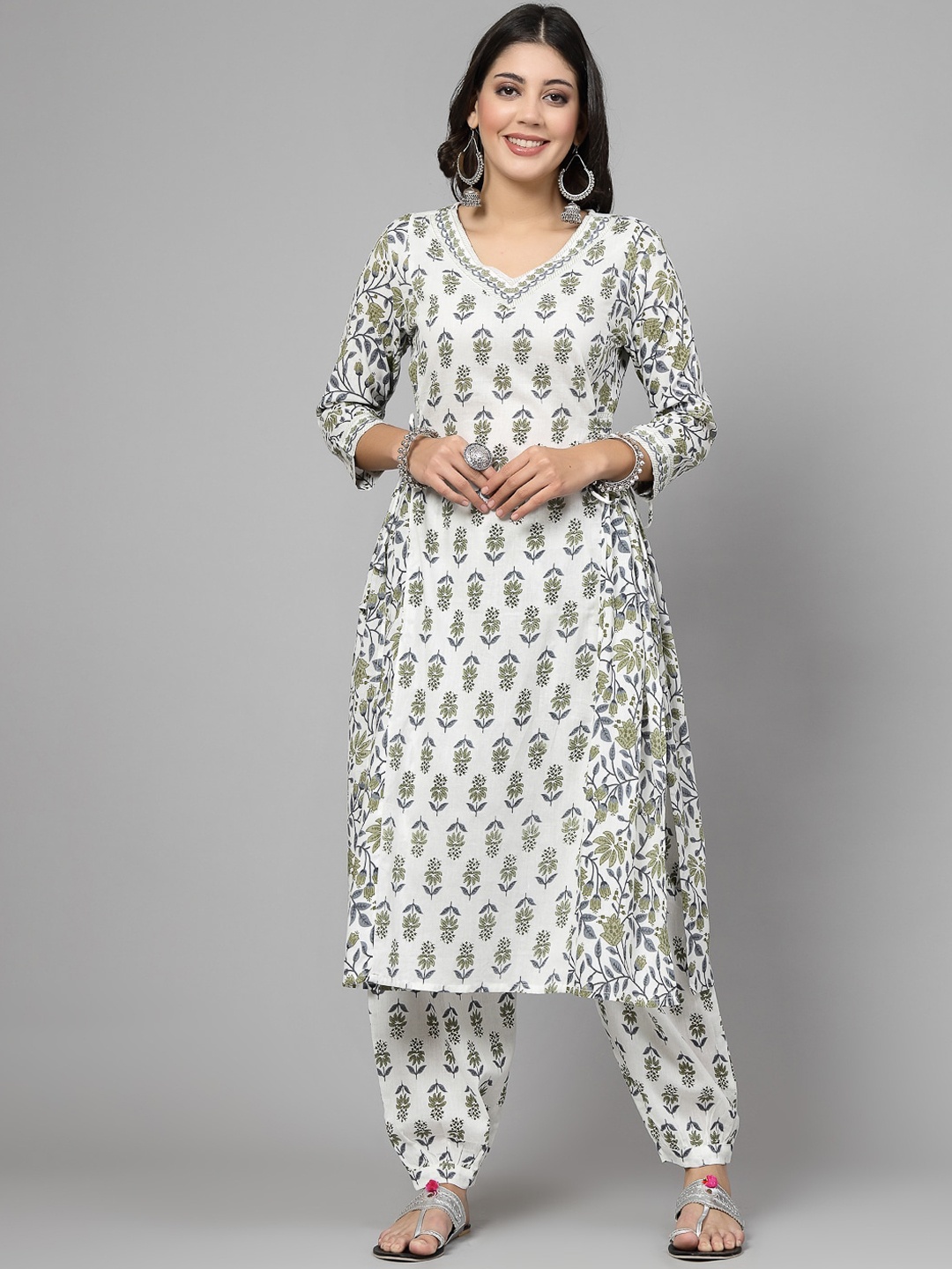 

KALINI Floral Printed V-Neck Pure Cotton Tie-Up Kurta With Salwar, White