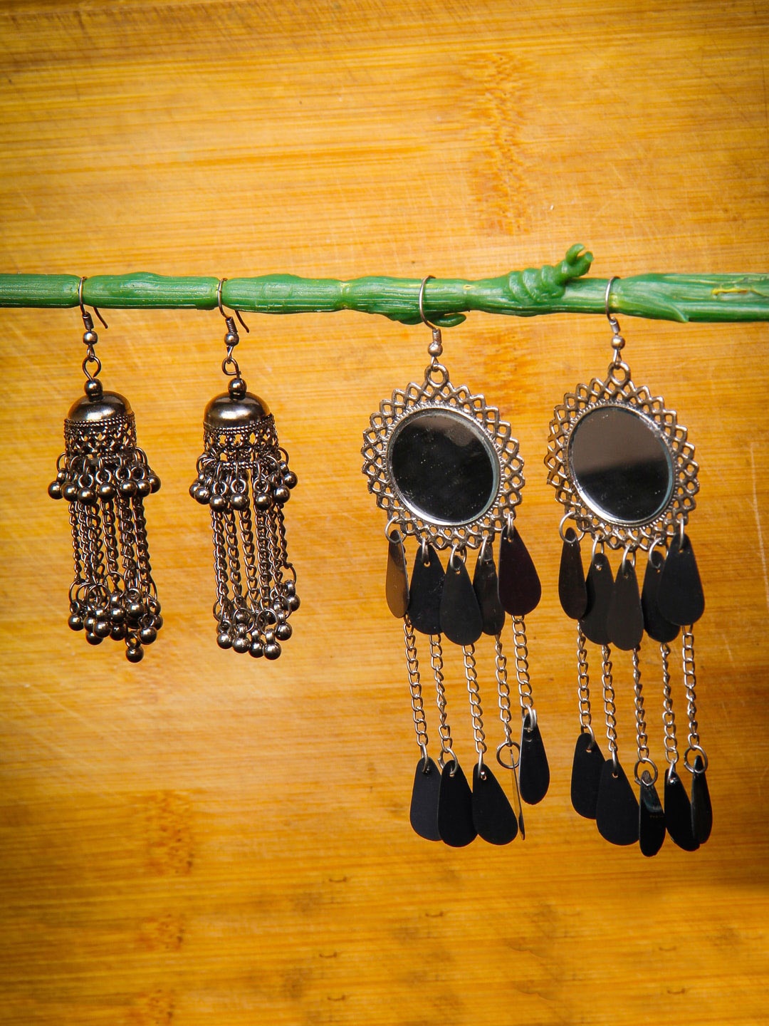 

Rang Gali Set Of 2 Silver-Plated Oxidised Contemporary Drop Earrings