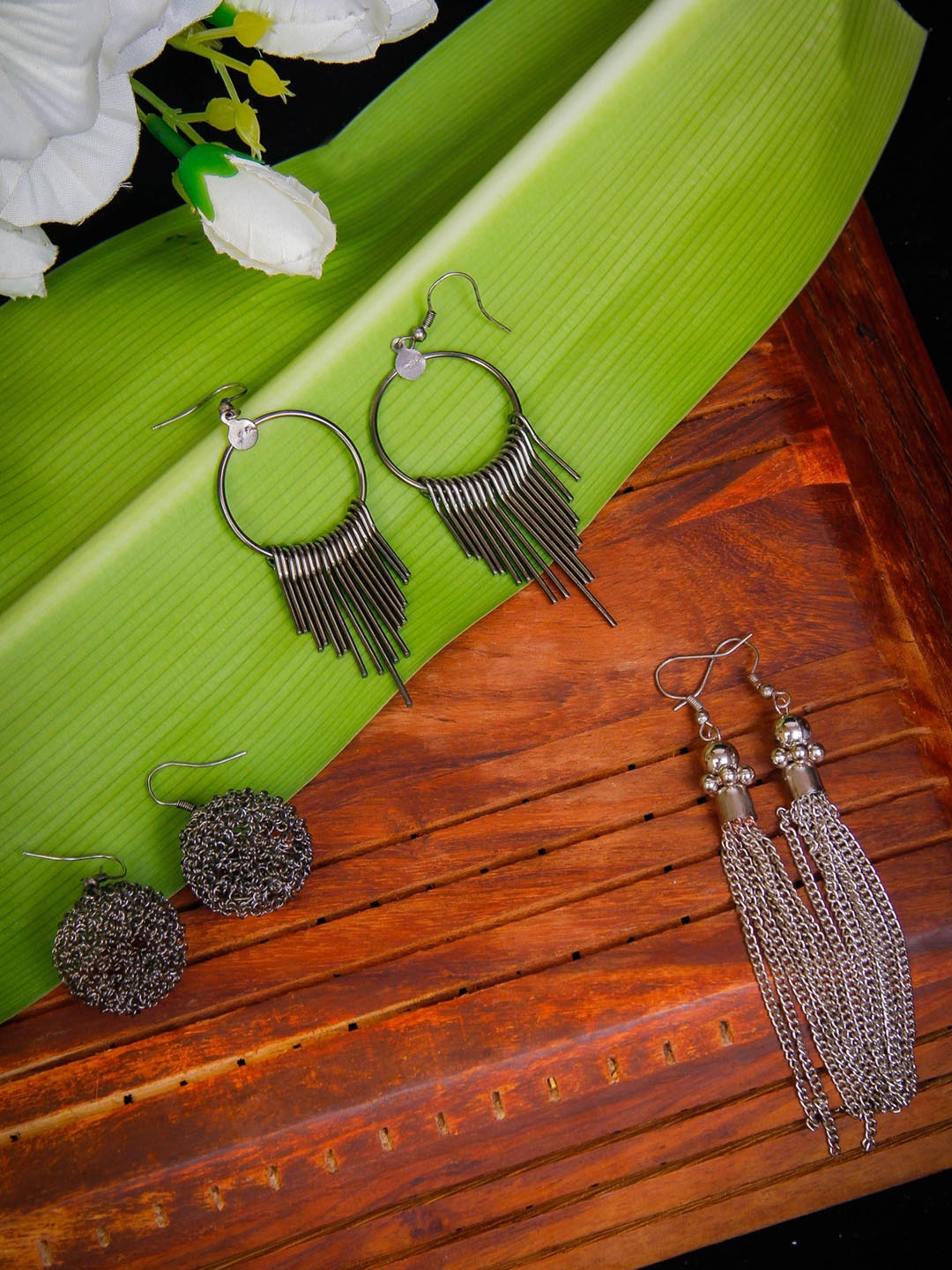 

Rang Gali Set Of 3 Silver-Plated Sterling Silver Oxidised Drop Earrings