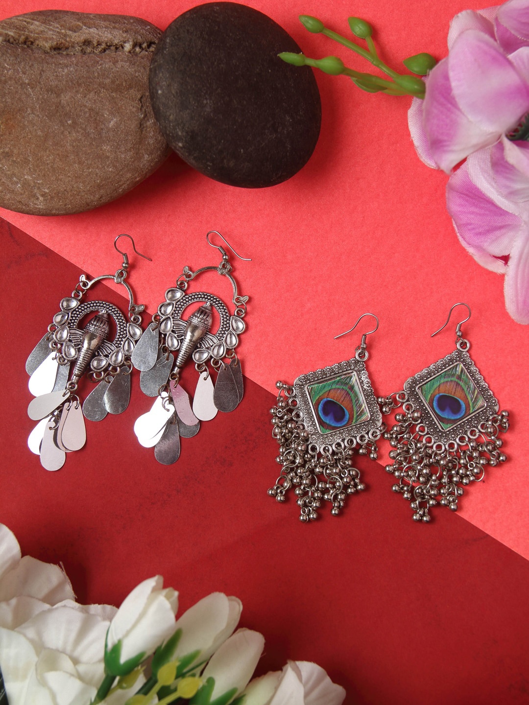 

Rang Gali Set Of 2 Silver-Plated Oxidised Contemporary Drop Earrings