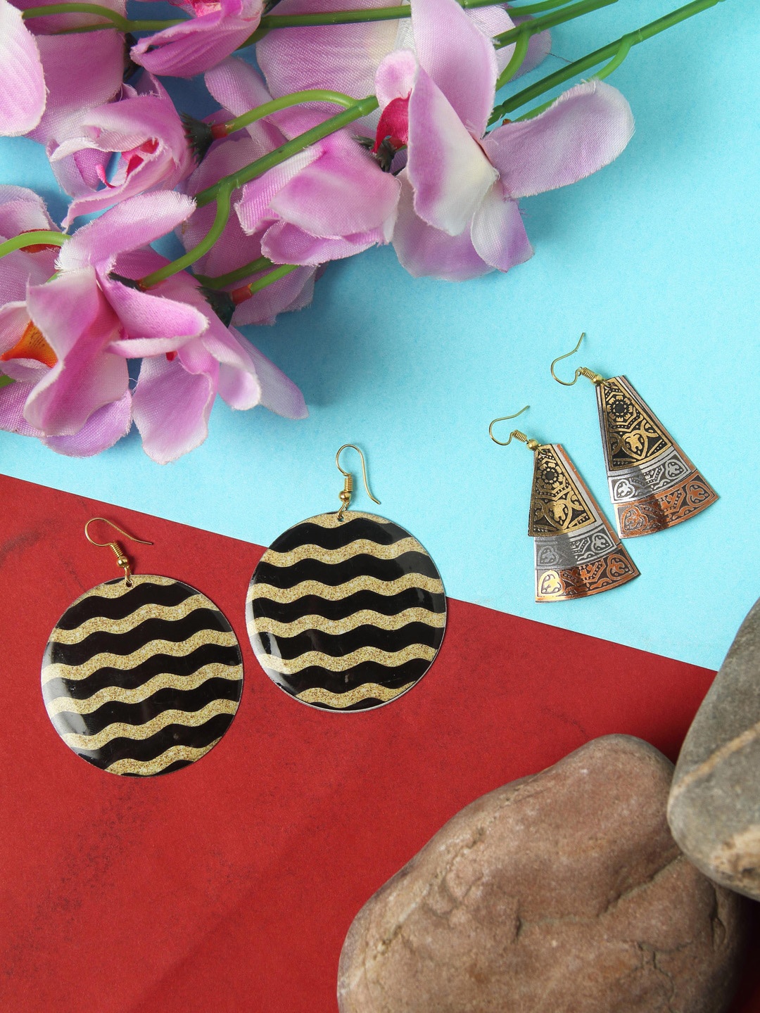

Rang Gali Set Of 2 Sterling Silver Geometric Shaped Drop Earrings, Gold