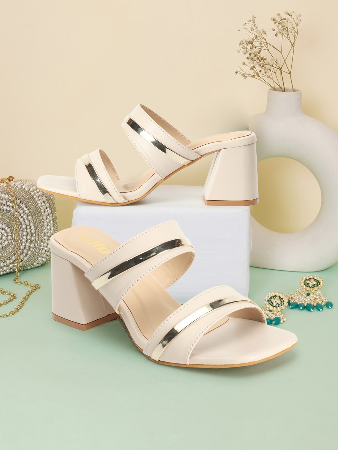 

Colo Double Straps Open Toe Block Heels, Cream