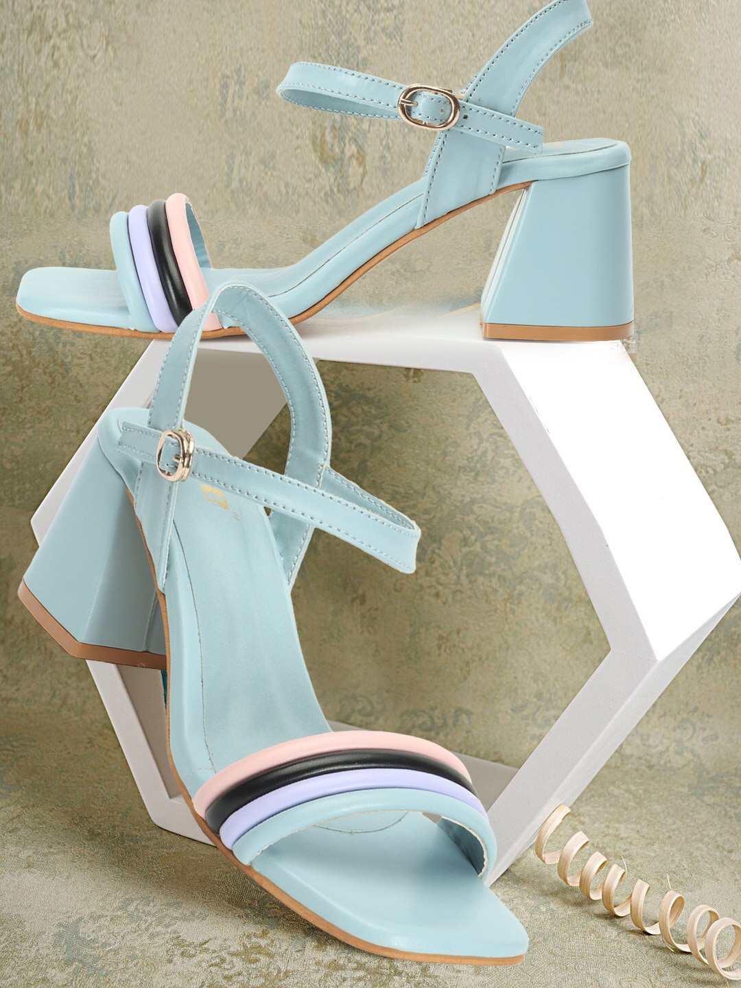 

Colo Strappy Colourblocked Open Toe Block Heels With Buckle Closure, Blue