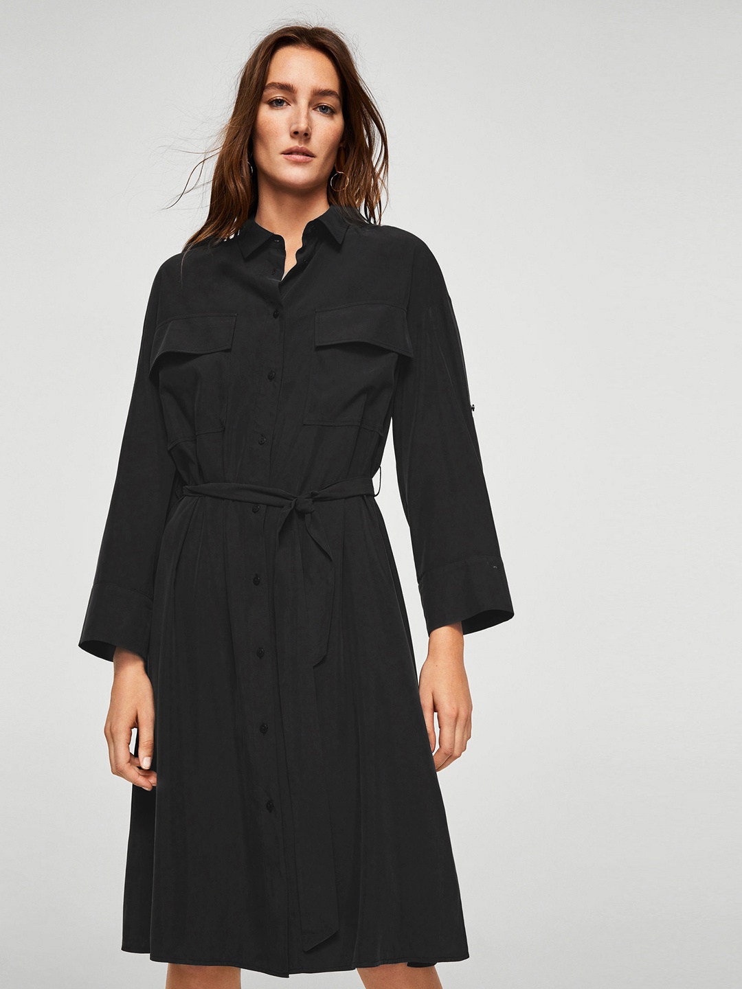 

MANGO Women Charcoal Grey Solid Shirt Dress