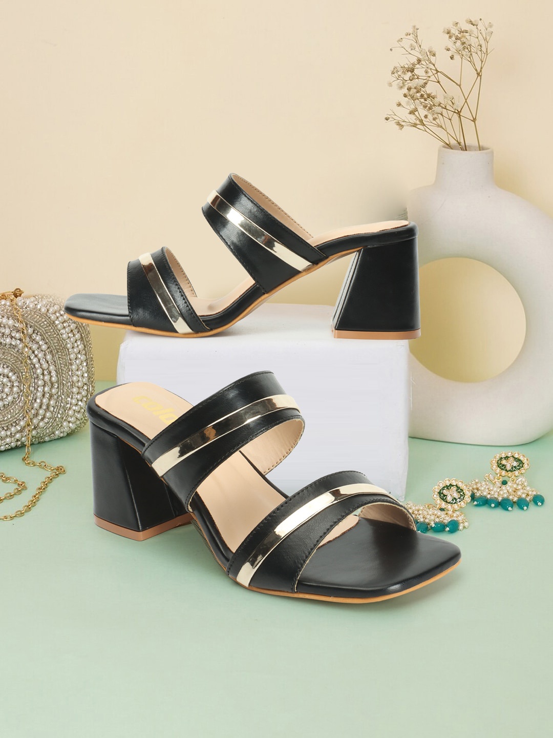

Colo Striped Open Toe Block Heels, Black