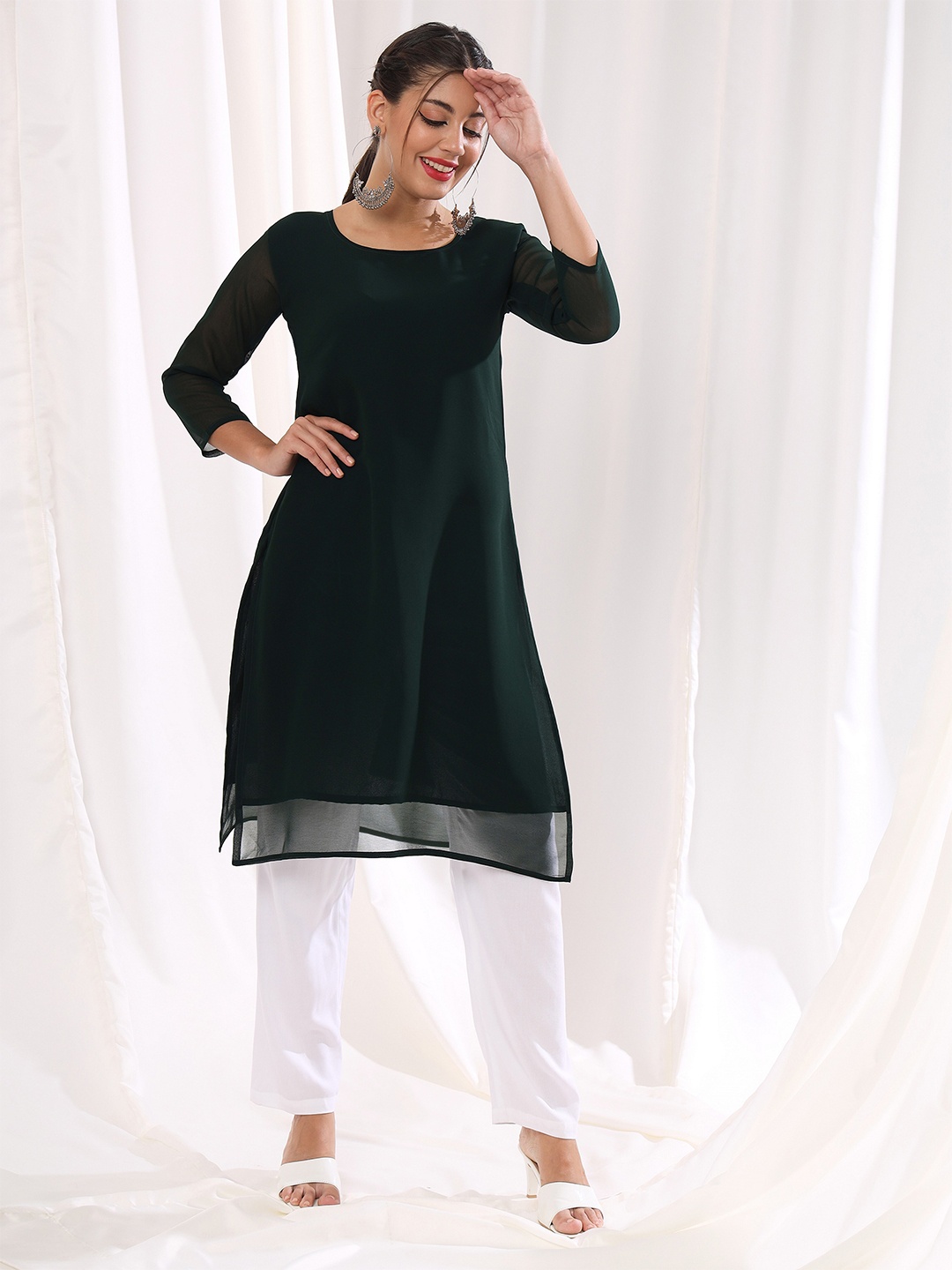 

KALINI Round Neck Georgette Straight Kurta, Green