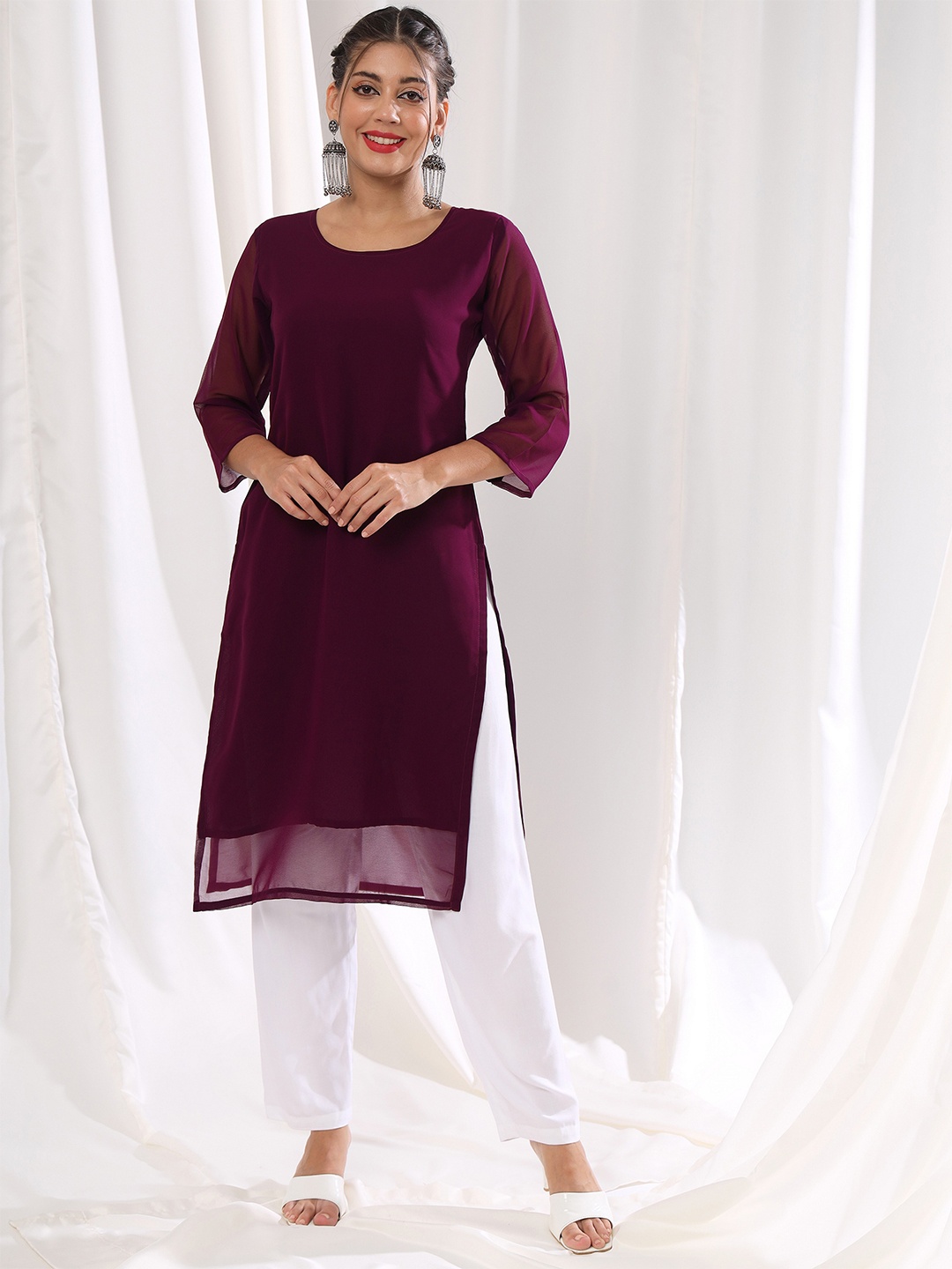 

KALINI Round Neck Georgette Straight Kurta, Purple