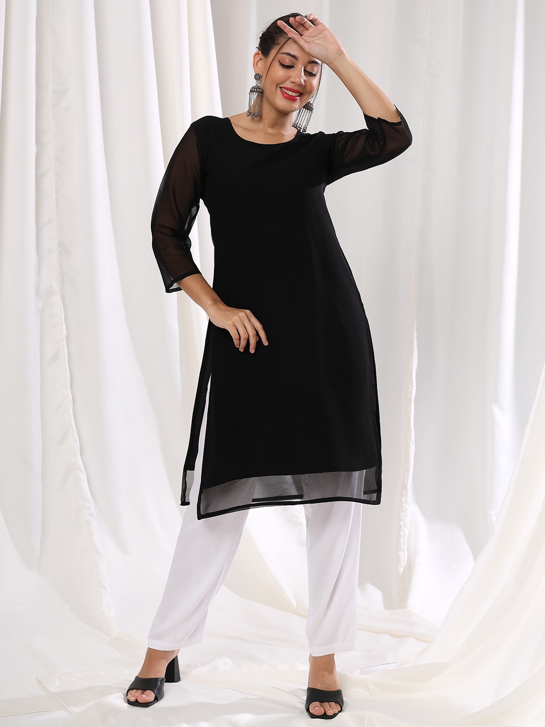 

KALINI Round Neck Georgette Straight Kurta, Black