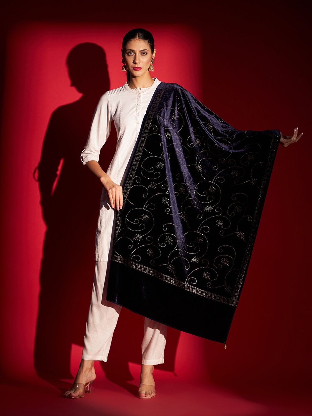 

Zamour Embellished Beads and Stones Velvet Shawl, Navy blue