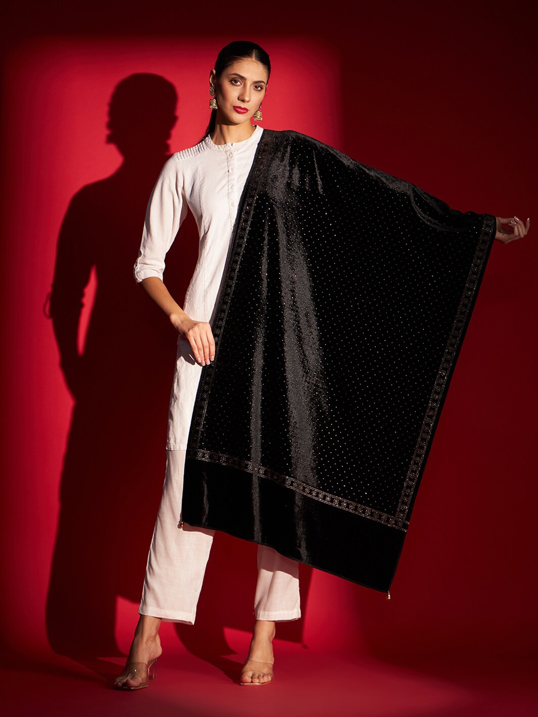 

Zamour Velvet Embellished Stole, Black