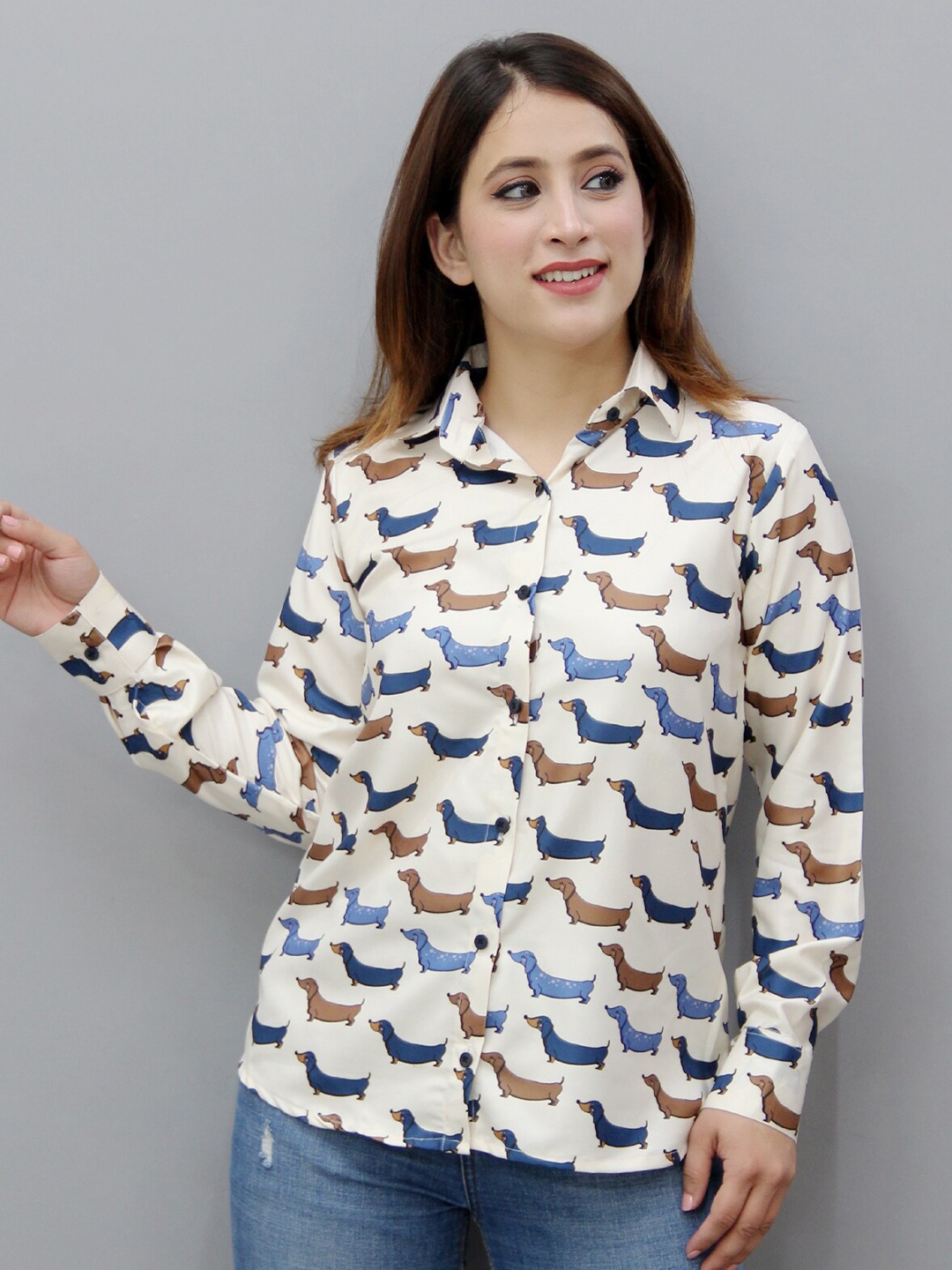 

CRAZEVILLA Conversational Printed Relaxed Casual Shirt, Cream