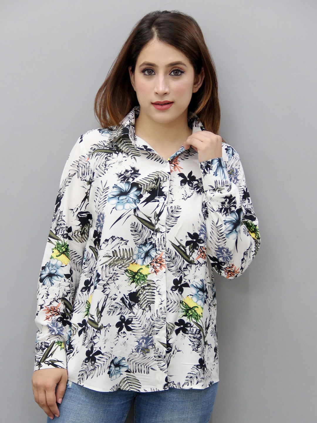

CRAZEVILLA Floral Printed Relaxed Cotton Casual Shirt, White