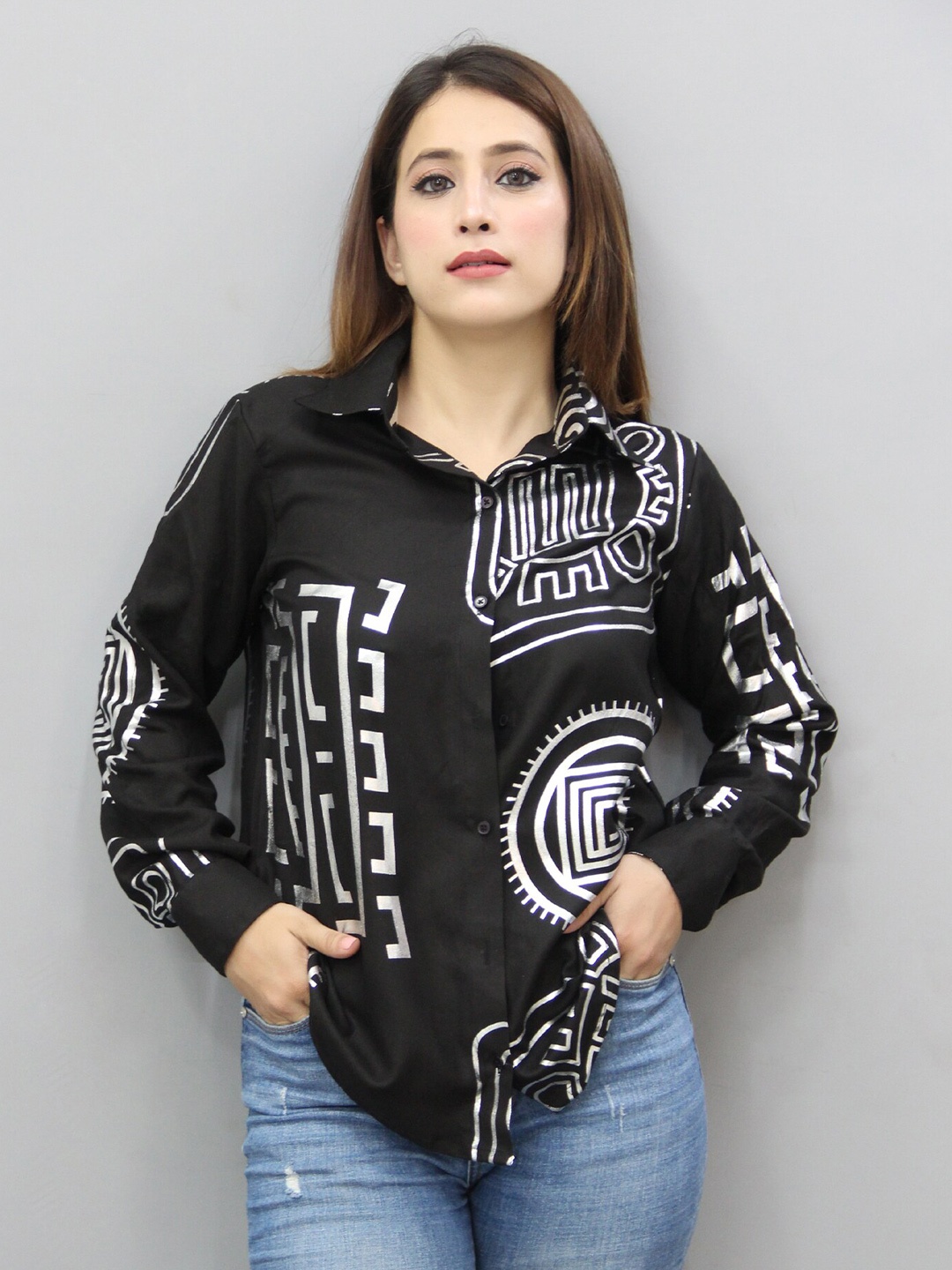 

CRAZEVILLA Relaxed Graphic Printed Spread Collar Long Sleeve Cotton Casual Shirt, Black