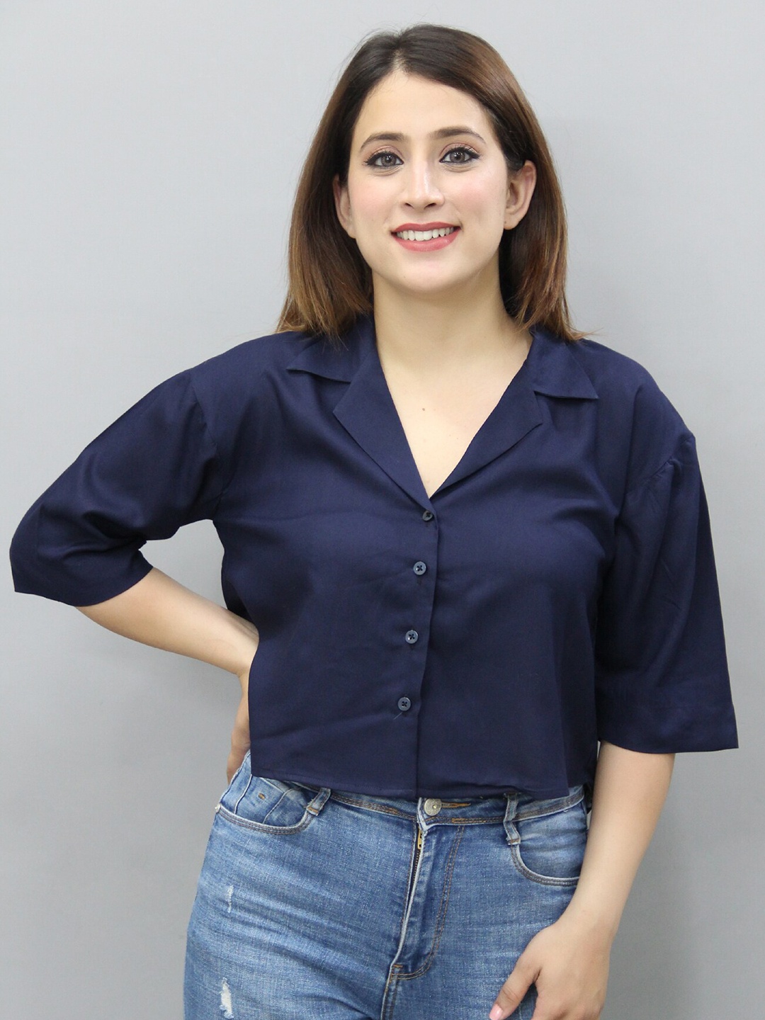 

CRAZEVILLA Lapel Collar Trim Casual Shirt, Navy blue