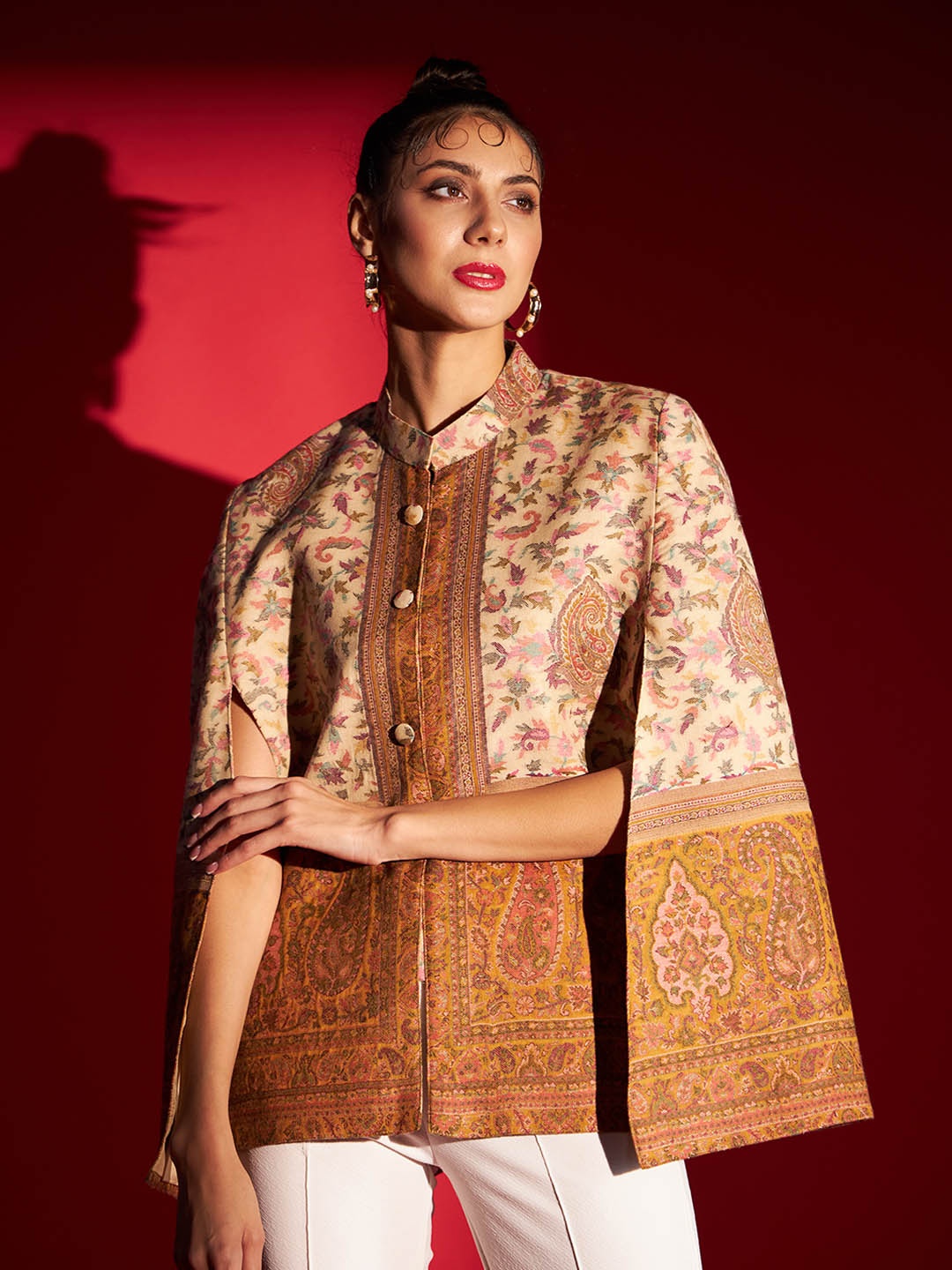 

Zamour Ethnic Motifs Self Design Mandarin Collar Cape Jacket, Beige